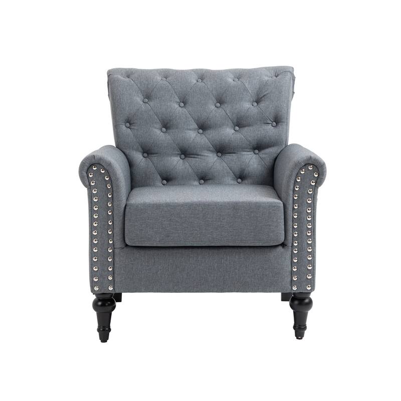Linen Armchair w/Tufted Back/Wood Legs