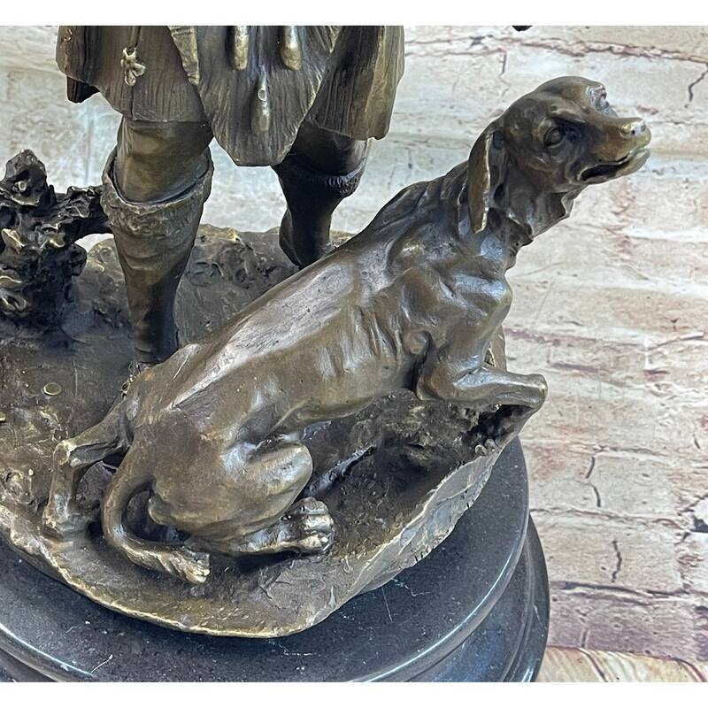 Scottish Hunter W/ Imitative Dog Bronze Statue Sculpture Figure Marble Base Signed Original 22 Inches X 11.5 Inches