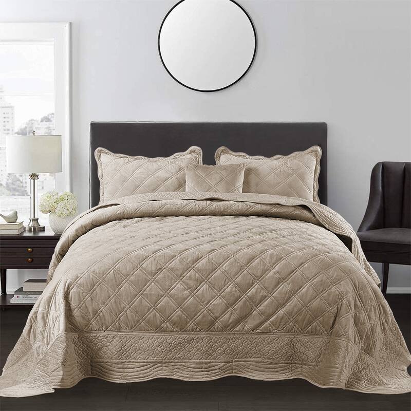 Serenta Supersoft Microplush Quilted 4 Pieces Bedspread Coverlet Set - Oatmeal - Oversized King