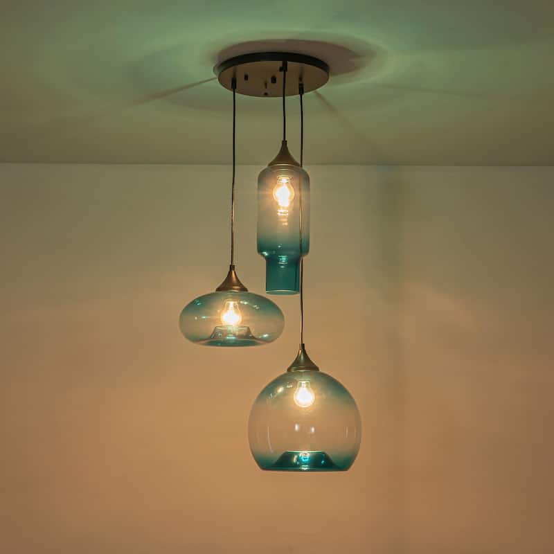 3-Light Modern Black Cluster Pendant Light Gradient Blue Glass Kitchen Island Lighting, Dining Room Ceiling Light