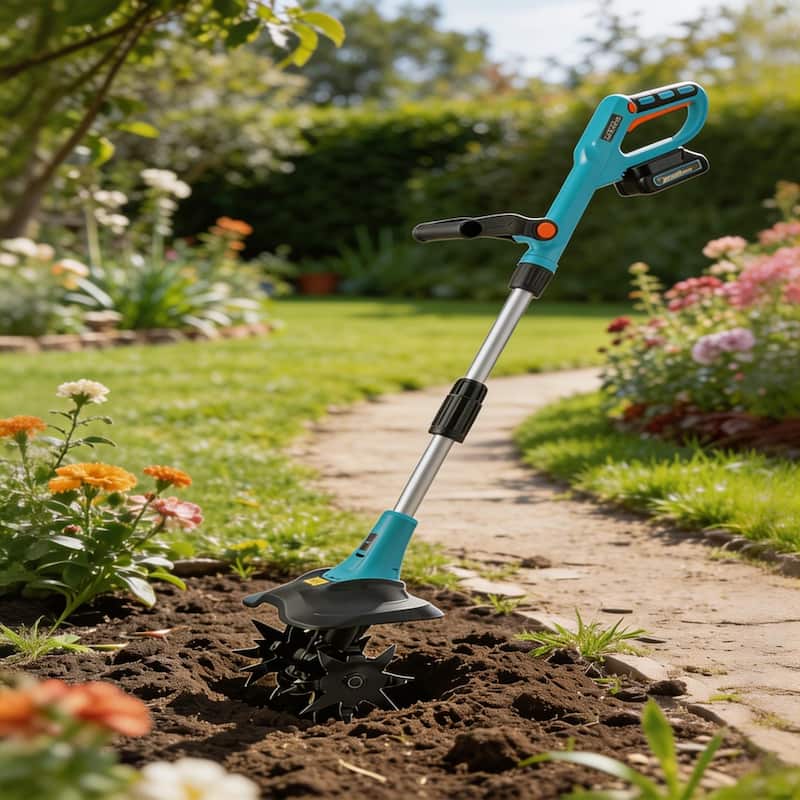 20V Cordless Tiller Cultivator Kit with (2) 2.0Ah Batteries and Charger 9Inch Tilling Width 6.6Inch Depth - Blue