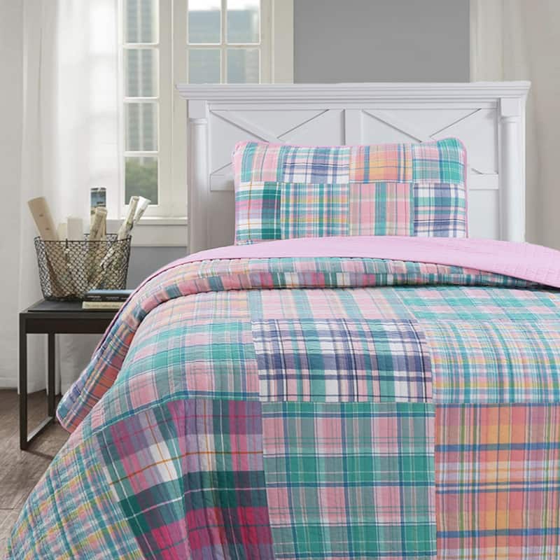 Porch & Den Copel Grid Pink Patchwork Cotton Reversible Quilt Bedding Set - Twin