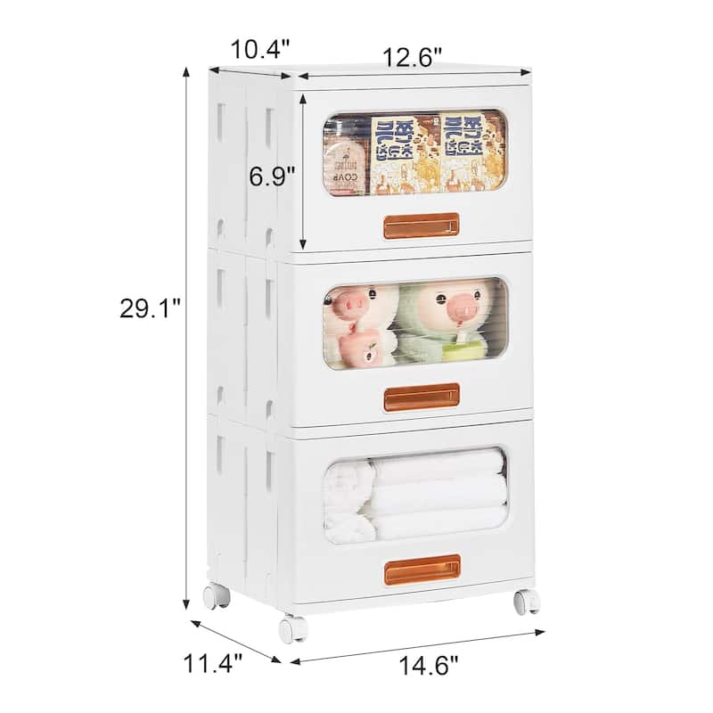 VECELO White Rolling Storage Cabinet with Transparent Doors 1/2/3-Tier Plastic Storage Bins with Wheels for Bedroom Living Room