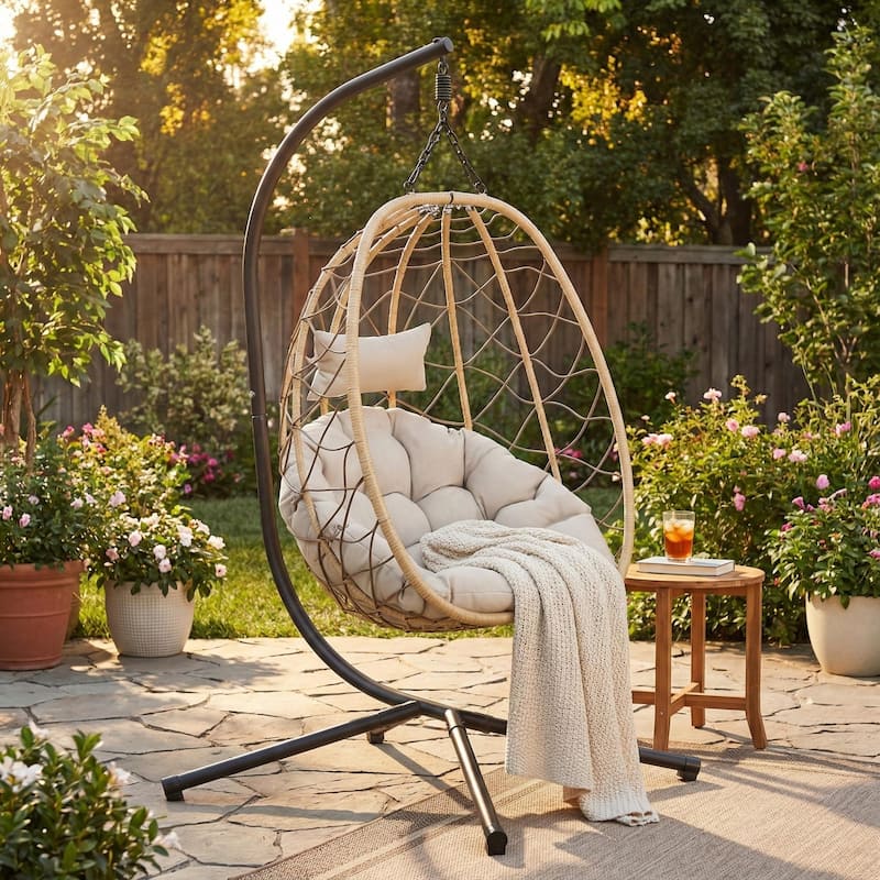 Summit Hanging Egg Swing Chair with Brown Frame & Foldable Shell for Home Patio Garden Backyard Porch