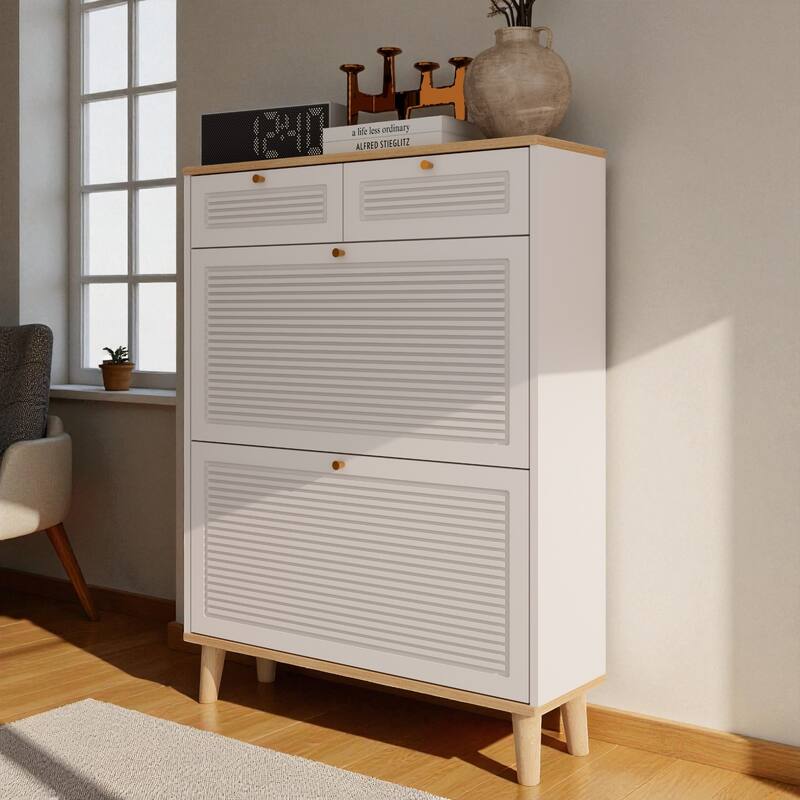 31.5" Narrow Shoe Cabinet with 2 Flip Doors and 2 Drawers, Modern Freestanding Shoe Storage Organizer with Wood Legs