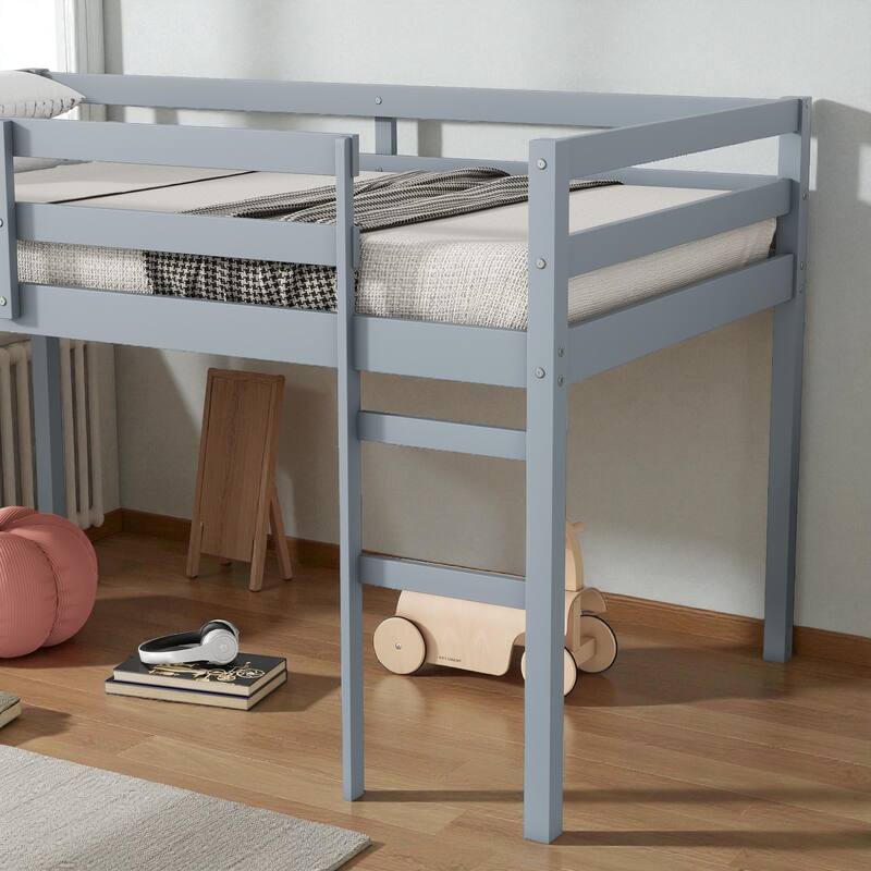 Solid Wood Twin Loft Bed with Ladder, Rubber Wood Frame Low Height Design with Guard Rails and Storage Space