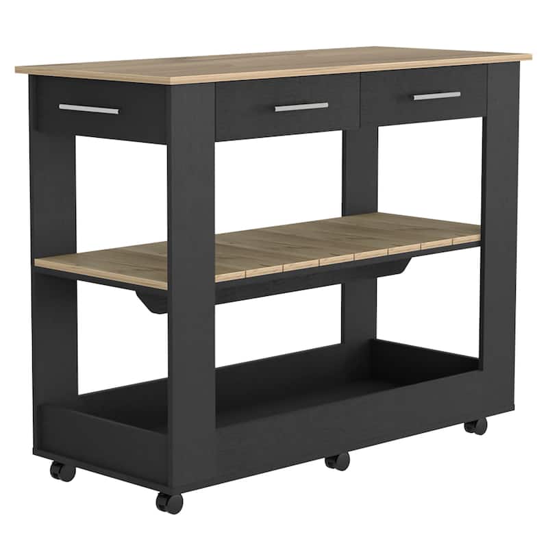 Kitchen Island 36" H, Six Casters, Two Drawers, Two Open Storage Shelves, Towel Hanger