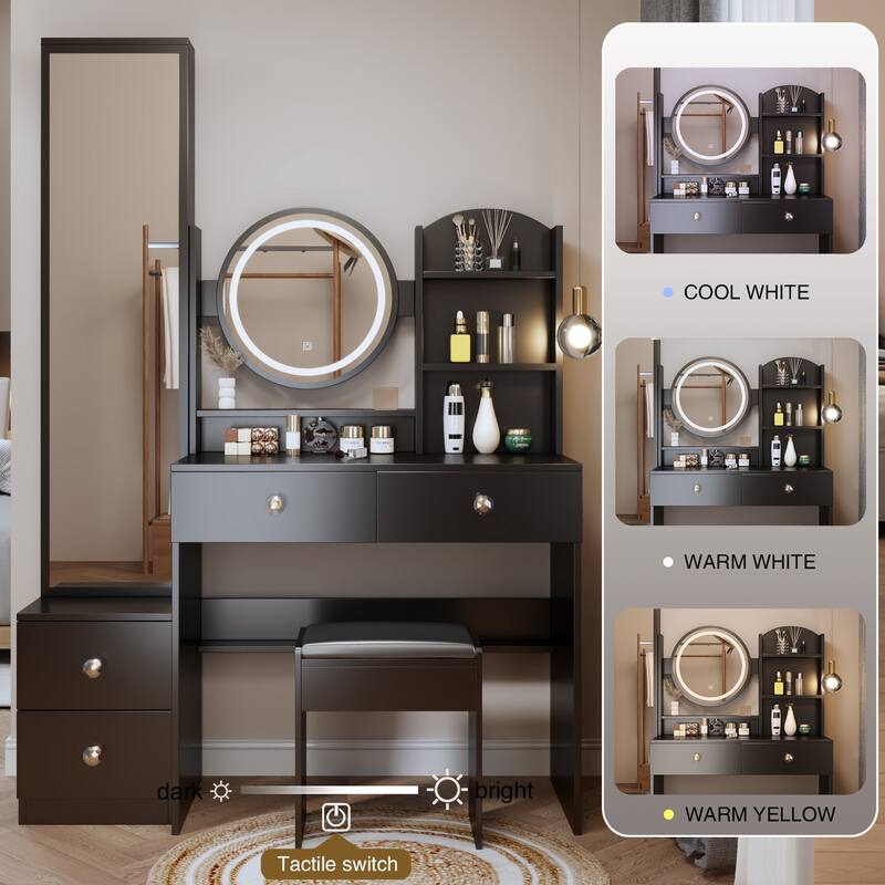 Makeup Vanity Desk with Mirror Cabinet & Cushioned Stool, Vanity Table Dressing Table w/ 4 Drawers, Storage Shelves & LED Mirror