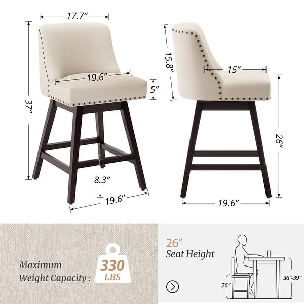 dimension image slide 3 of 8, 26 in. Fabric Upholstered Counter Height Swivel Bar Stool with Footrest - 19.6"D x 19.6"W x 37"H