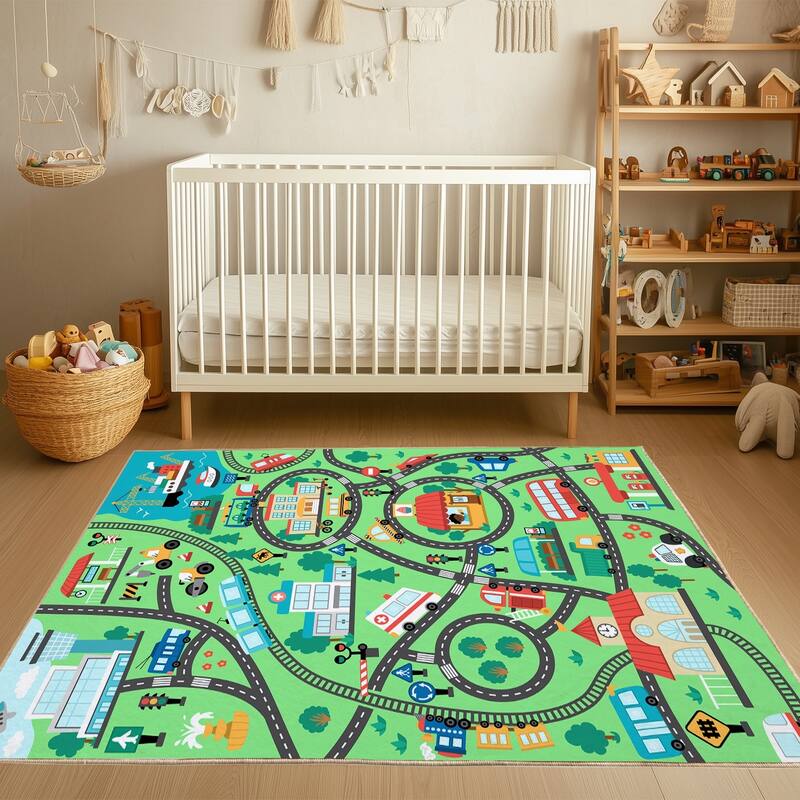 Kids Play Rug, City Road, Vehicle Carpet Playmat Rug, Non Slip Educational Kids Area Rug for Playroom Nursery Toddler Room