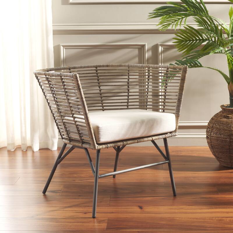SAFAVIEH Camira Tropical Boho Dining Chair with Cushion - 29"W x 25"D x 28"H - White/Natural
