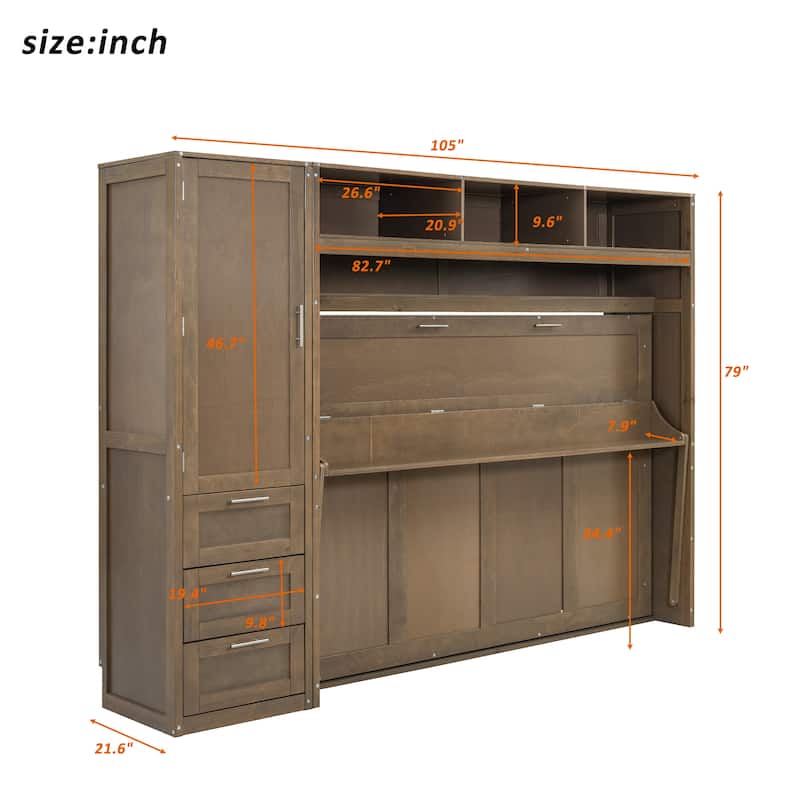 Full Murphy Bed with Wardrobe, Storage Drawers & Shelves, Foldable Space-Saving Bed