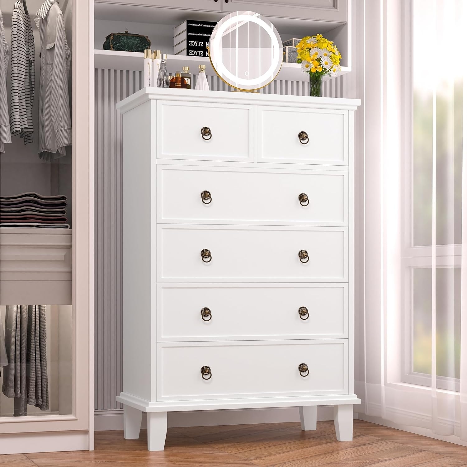 Modern White 6-Drawer Tall Dresser for Bedroom, Living Room, and Home Office