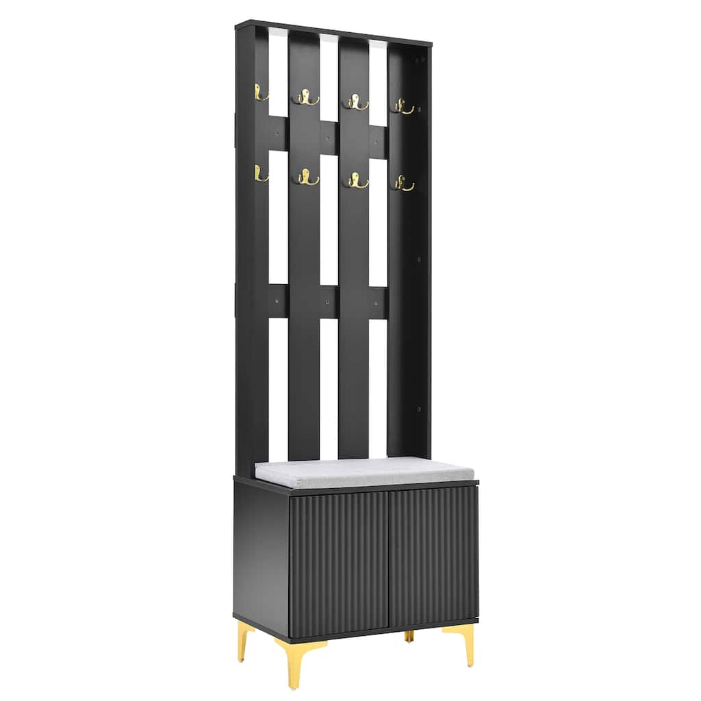 Modern 4-in-1 Coat Rack with 8 Gold Hooks, Adjustable Shelves and Spring-Loaded Mechanism, for Hallways