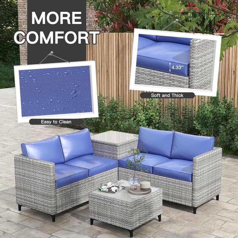 4-Piece Patio Sectional Sofa Set with Coffee Table and Storage Box