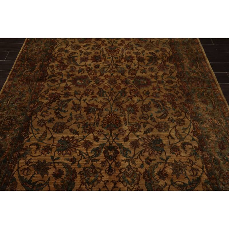 6'2''x9'5'' Hand Knotted Gold Wool Agra Botanical Gold Wash Silky Sheen Rug - 6' 2'' x 9' 5''