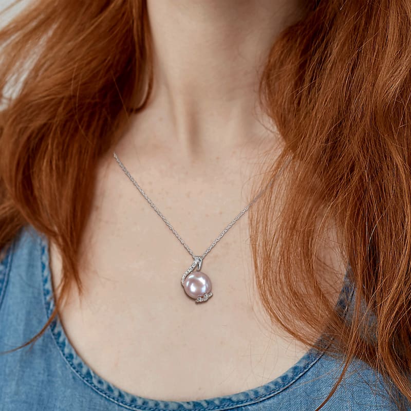 Miadora 12-12.5mm Rice-Shaped Pink Cultured Freshwater Pearl 1/10ct TDW Diamond Open Leaf Pendant with Chain in Sterling Silver