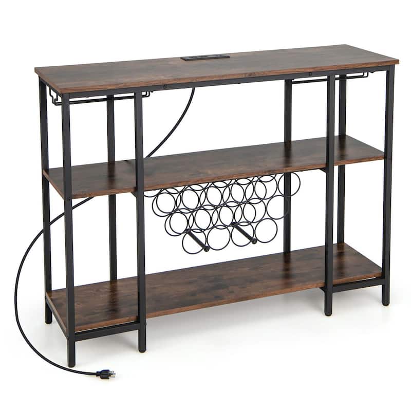 Wine Cabinet Bar Table Rack Table for Drinks Glasses w/ Power Outlets - Brown