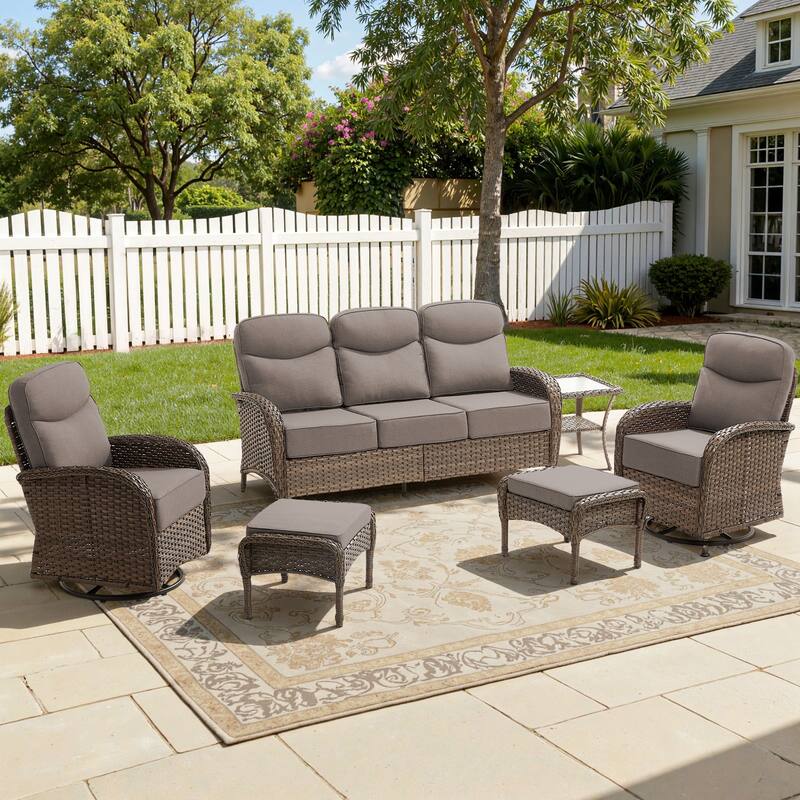 Luna 6-Piece Wicker Patio Conversation Set with Swivel Gliders and 6-Inch Thick Olefin Cushions