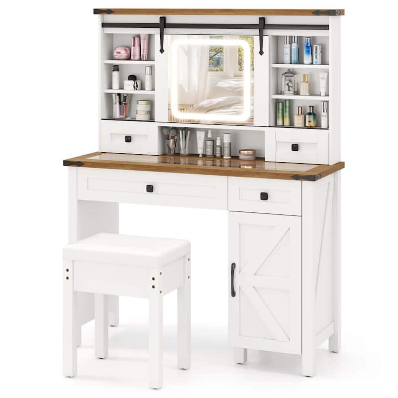 Costway Farmhouse Vanity Desk with Sliding Mirror Makeup Vanity Table - See Details
