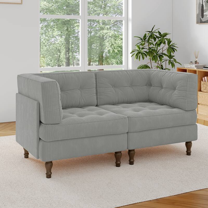 Modular Corduroy Corner Sectional Sofa Couch Set with Tufted Cushion - Light Grey