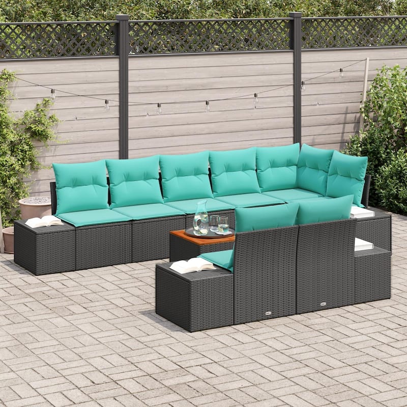vidaXL 9 Piece Garden Sofa Set with Cushions Black Poly Rattan Acacia - 125.6×60.6×27.2