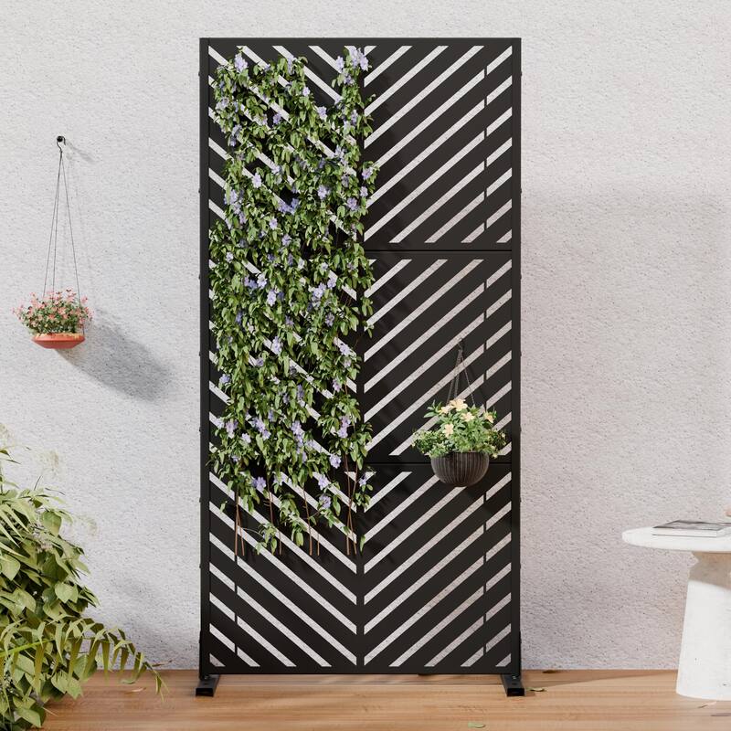 Outdoor Privacy Screen 2-Panel Chevron Metal Privacy Fence with Wind-Resistant Base Durable Decorative Divider