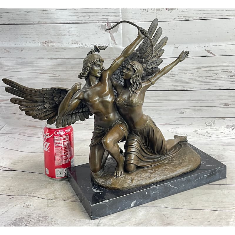 Romantic Bronze Sculpture Of Winged Lovers On Marble Base Zephyrus Psyche Mythical