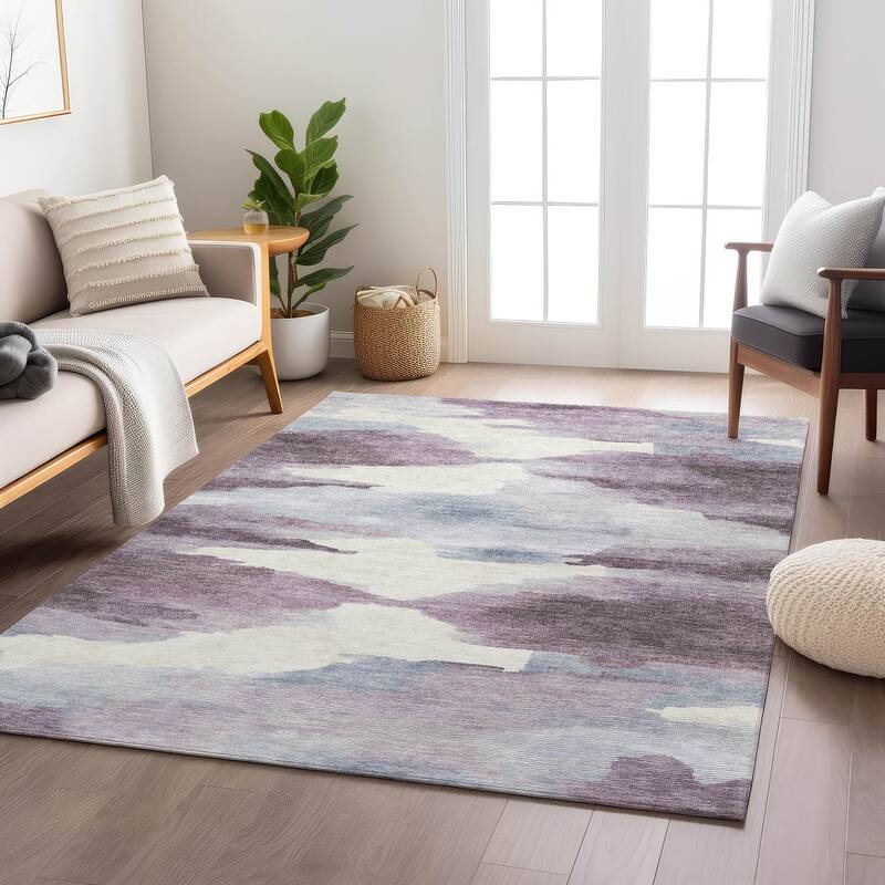 Machine Washable Indoor/ Outdoor Abstract Watercolor Chantille Rug