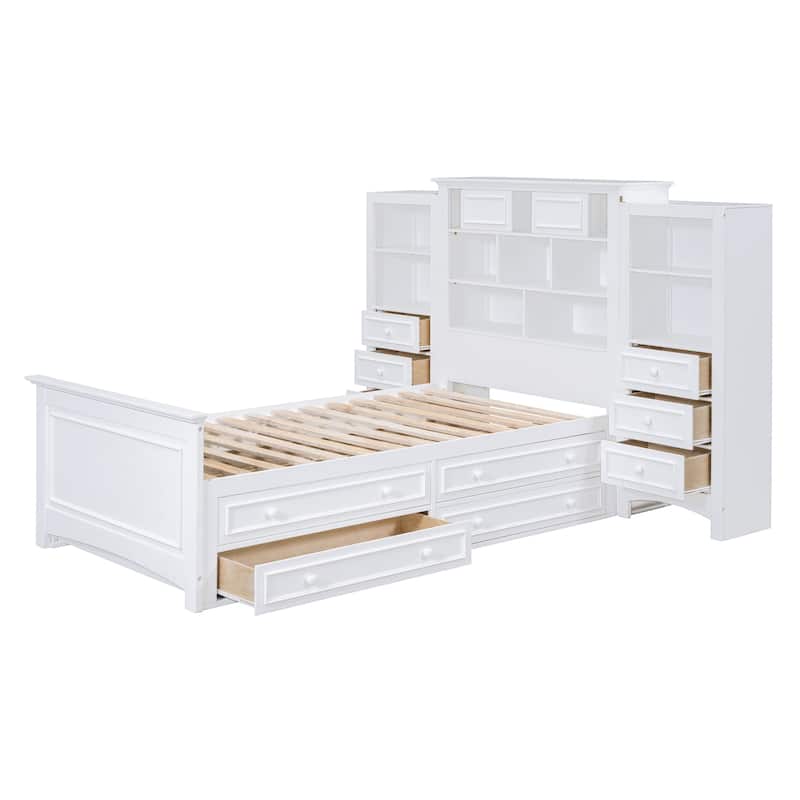 Twin Wood Platform Bed with Vertical Cabinet - Features 8 Drawers (4 Each Side) & Storage Compartments
