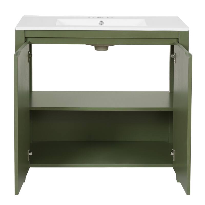 36" Bathroom Vanity with Ceramic Sink, Solid Wood Frame Bathroom Storage Cabinet
