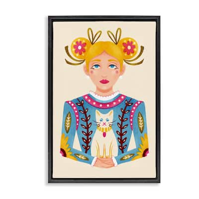 Stupell Blonde Folk Girl with Cat Framed Floater Canvas Wall Art Design By Hannah Moren