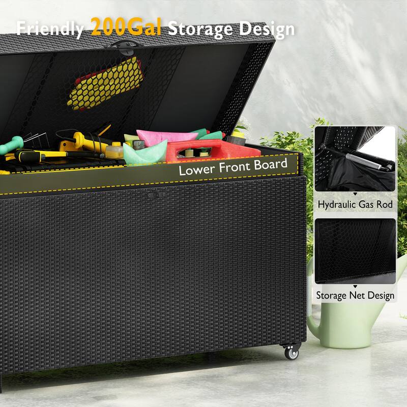 200 Gallon Wicker Deck Box All-Weather Outdoor Storage Box with Wheels Lockable Lid and Water Resistant Storage Bag for Patio