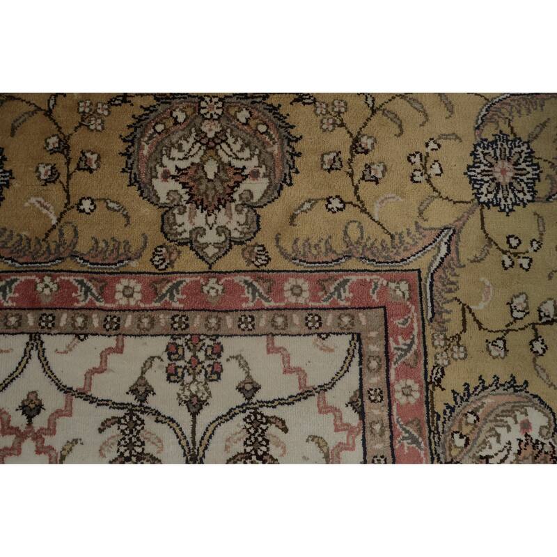 Hand Knotted Oriental Silk Carpet Traditional Floral Beige & Ivories Kashmir Area Rug - 8' 11'' X 6' 1''