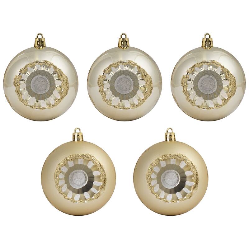 5ct Gold Retro Reflector Shatterproof Christmas Ball Ornaments 3.25"