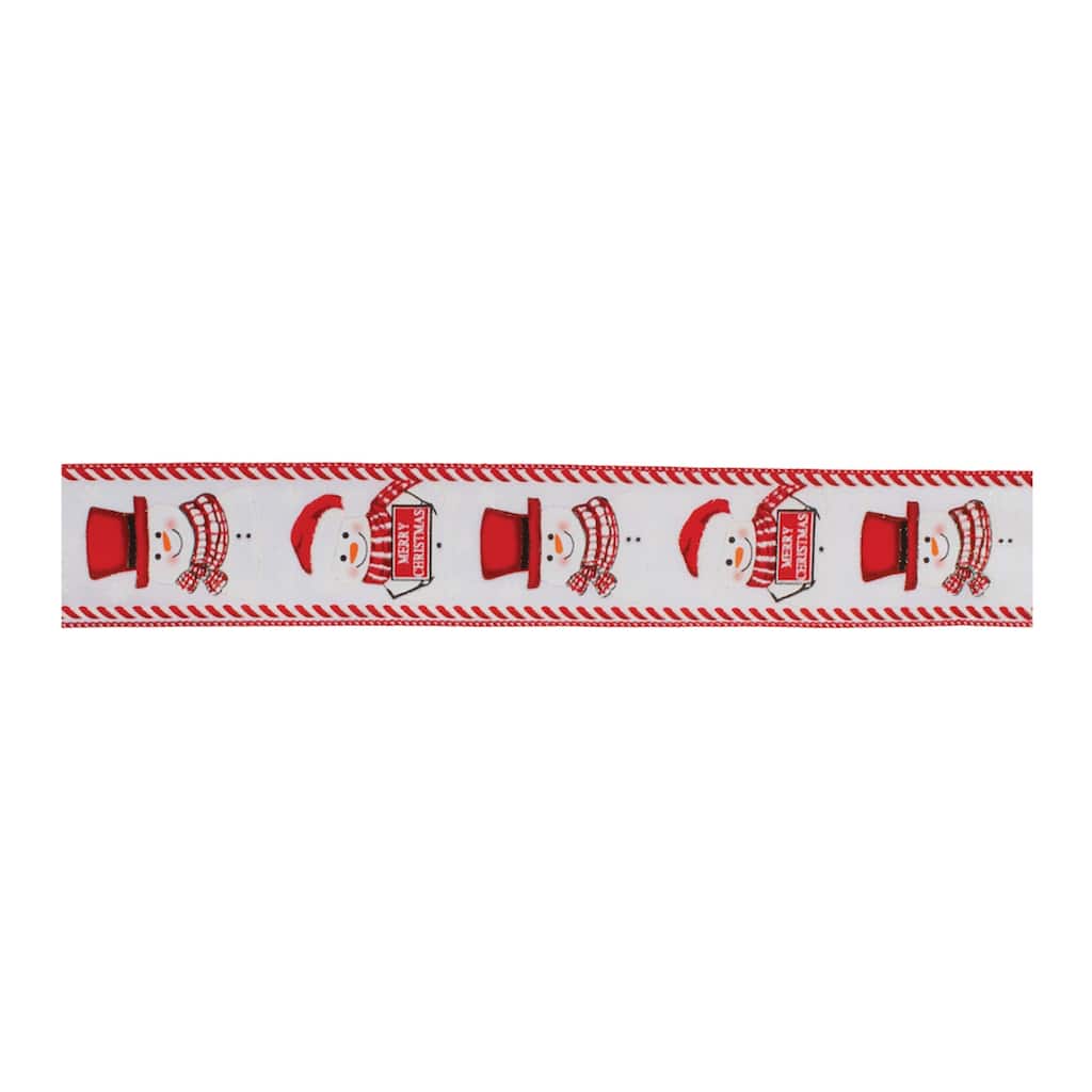 10 Yards Set of 2 Red and White Polyester Wired Ribbon with Snowman Design for Gift or Wrapping and Decorating