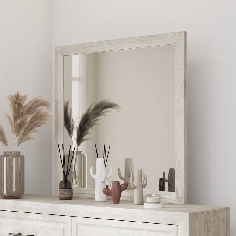 Versatile Square Vanity Mirror with Wood-Texture Frame – Perfect for Bedroom Decor