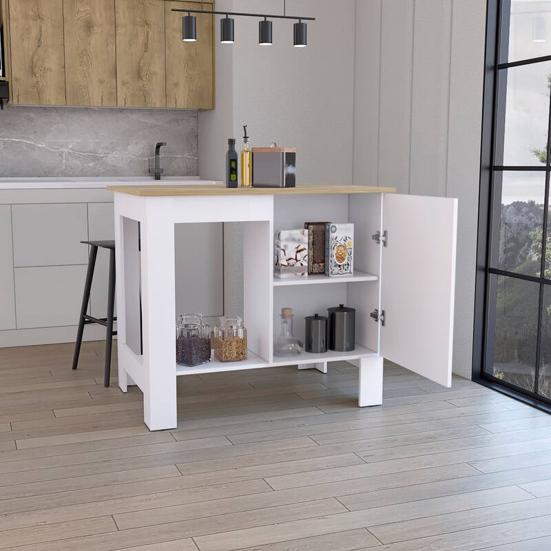 Kitchen Island 35" H, One Storage Cabinet with Door, Two Internal Shelves, One Open storage Shelf, White/Macadamia - Multi