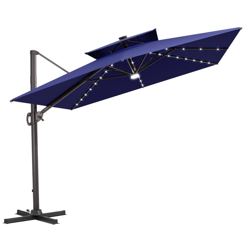 11 FT Square Outdoor Premium Double Top Solar Powered LED Patio Cantilever Umbrella