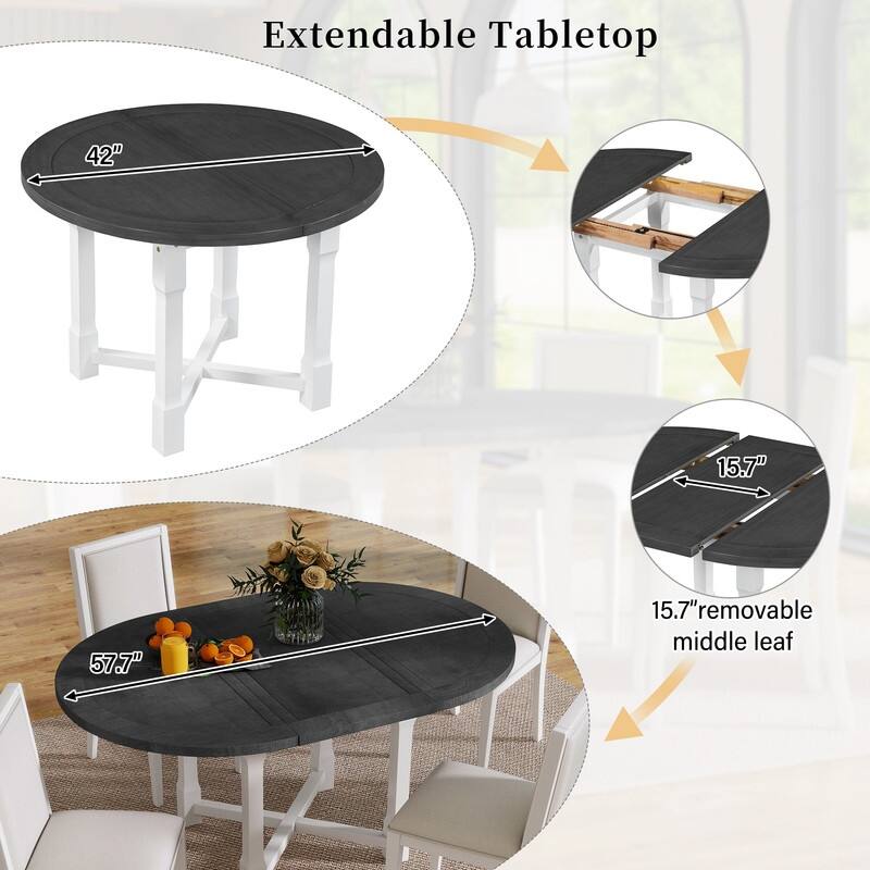 5-Piece Extendable Dining Table Set for 4, Round Dining Table for 4 with Upholstered Chairs,Removable Leaf