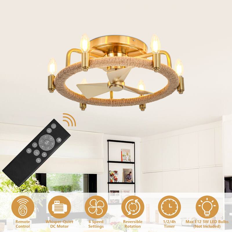 20.4" Gold Hemp Rope Chandelier Low Profile Caged Ceiling Fan with Light - 20.35 in. D x 20.35 in. W x 6.54 in. H
