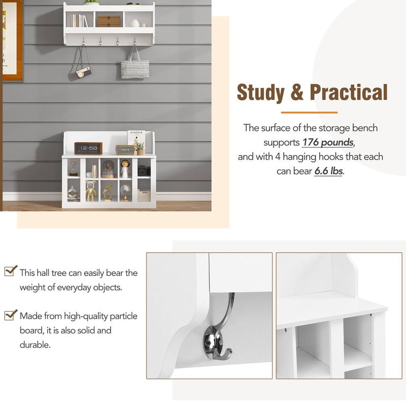 Shoe Storage Rack for Front Door Entrance, Wood Bench Wall Mounted Coat Rack with Shelves, 4 Hooks Hall Tree Shoe Bench