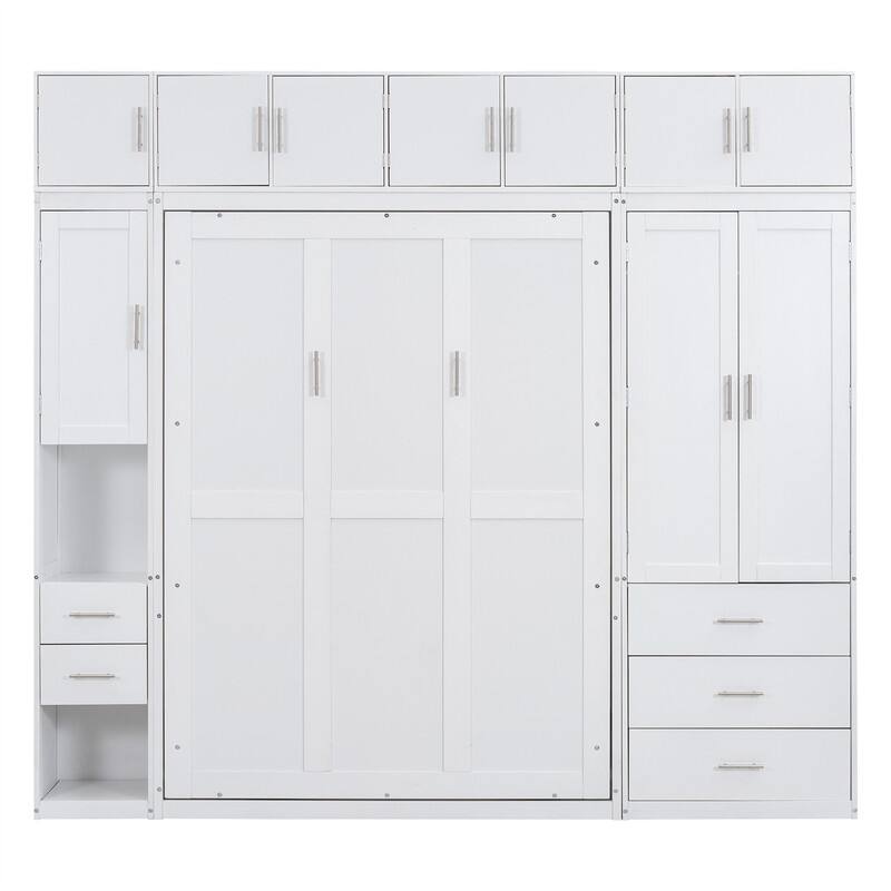 Twin/Full Size Murphy Bed with Wardrobe, Storage Drawers and Lockers, Solid Wood Wall Bed Cabinet Bed w/ Open Shelves & Cabinets