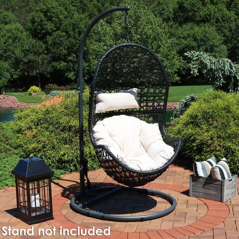 Sunnydaze Cordelia Hanging Basket Egg Chair Swing- Resin Wicker - Beige Cushions