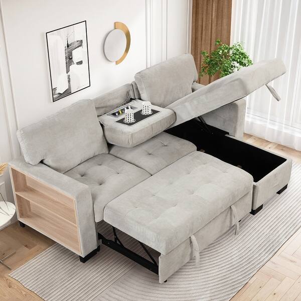 Pull Out Sleeper Sofa Bed L-shape Linen Fabric Sectional Couch Set with ...