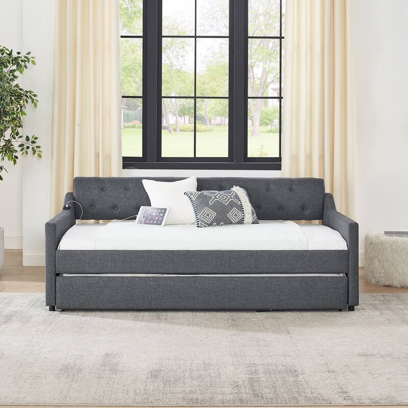 Roomfitters Twin Upholstered Daybed with Twin Pull-Out Trundle, USB Charging Port and Modern Linen Fabric - Dark Grey - Twin