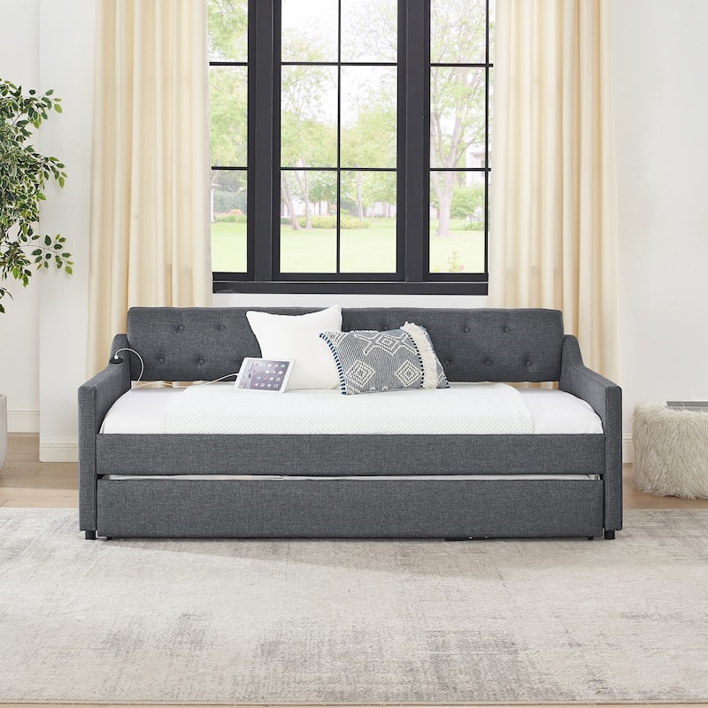 Twin Size Upholstery DayBed with Twin Size Erectable Trundle and USB Charging Design