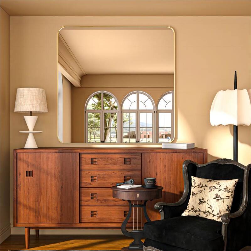 Organnice Rectangular Aluminum Framed Modern Rounded Wall Mount Mirror