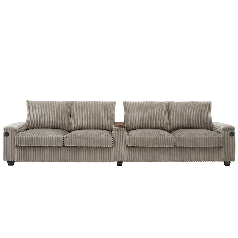 4 Seater Corduroy Sofa Couch with USB Ports and Storage Arms, 133" Modern Sofa with Side Pockets and Flip-Top Cup Holders