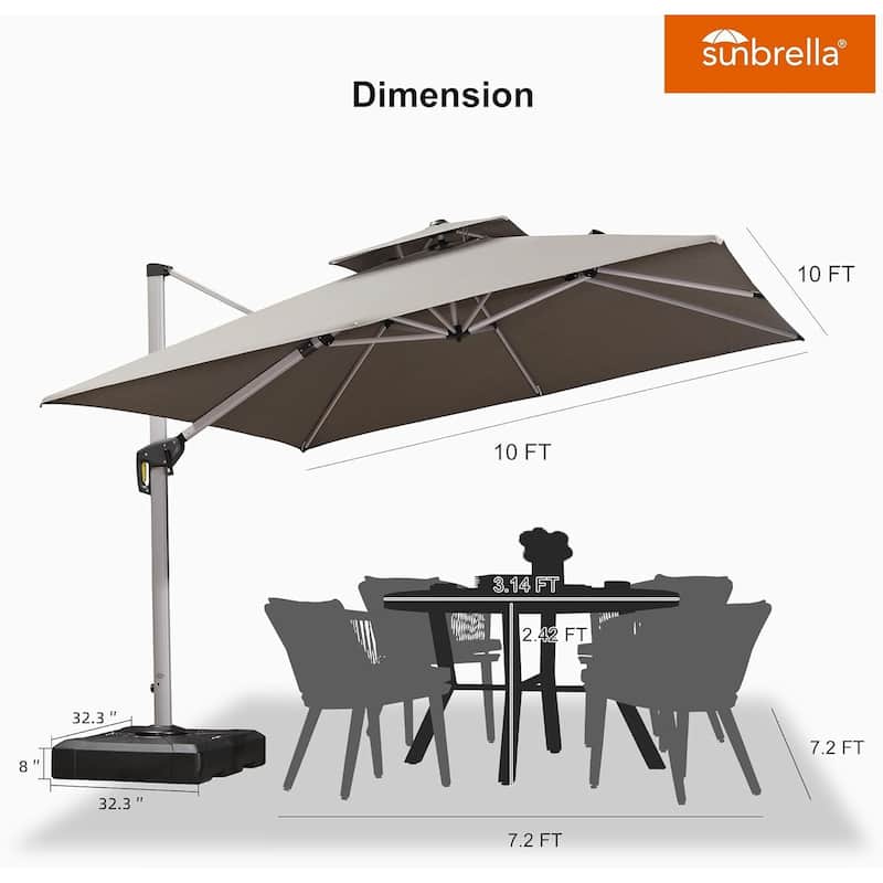 PURPLE LEAF 10/12 ft Square Sunbrella Patio Cantilever Umbrella with Base